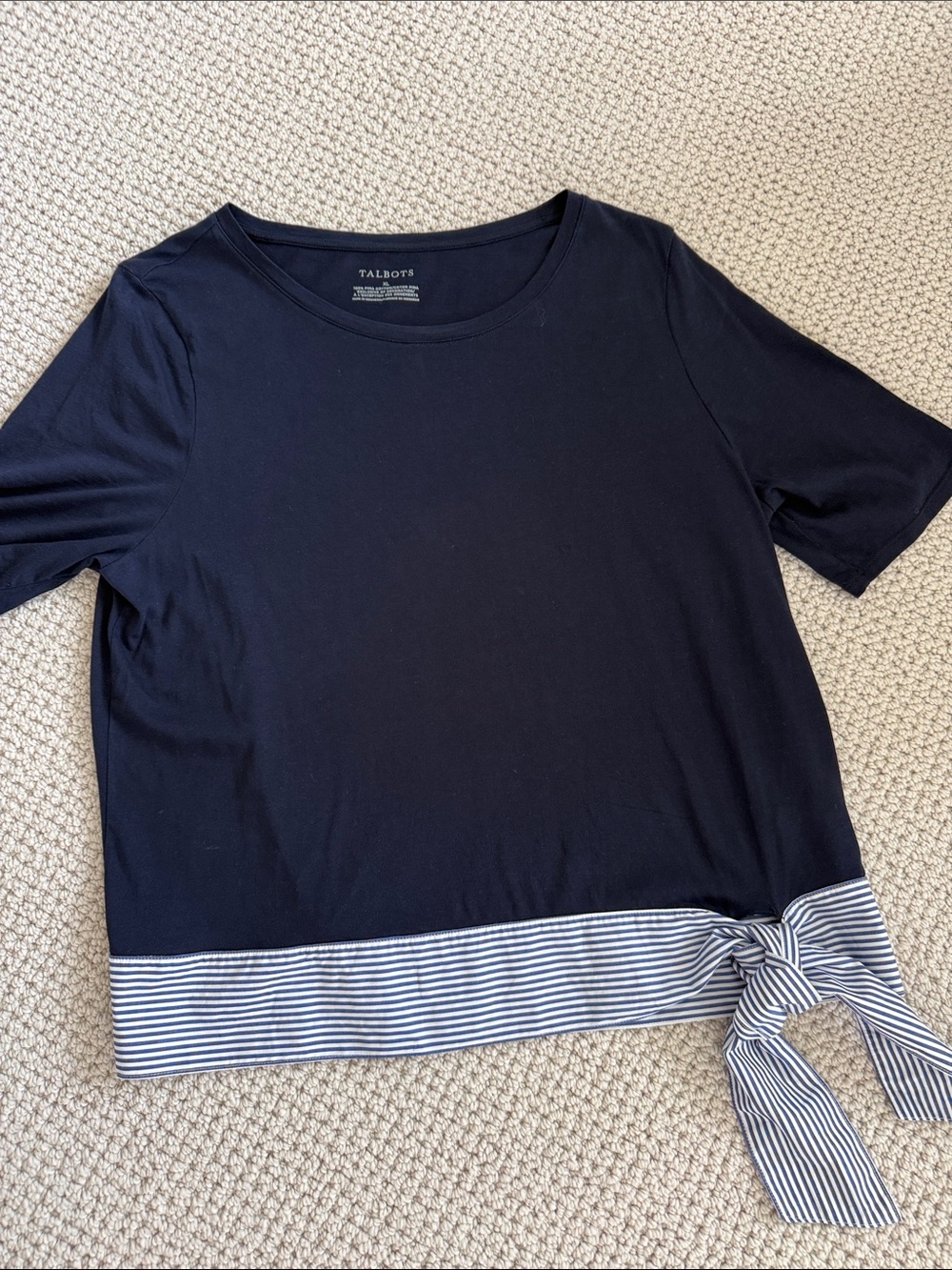 Talbots Navy Short-Sleeve Knit Top with Striped Tie Hem